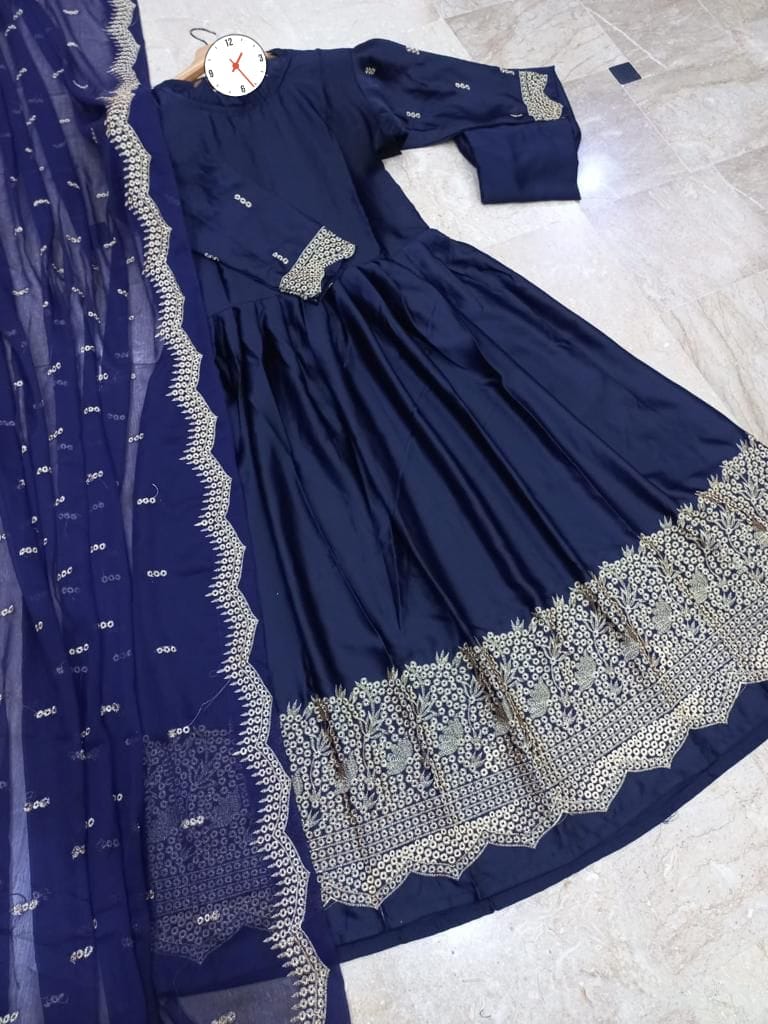 Neck BellBottom Border Flower Embroidery Maxi With Emb Dupatta 3Pcs