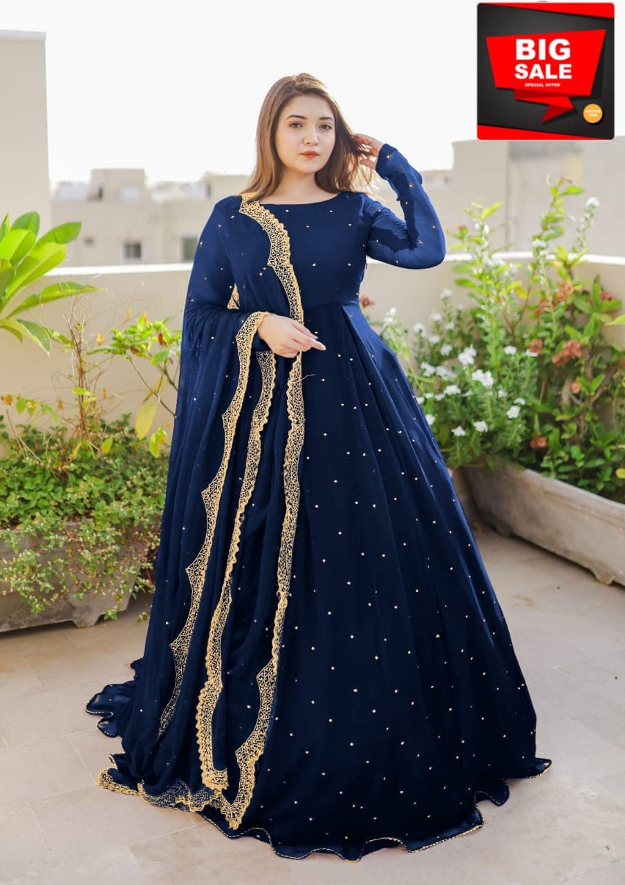 Front And Back Pearls And Lace Work Long Flare Maxi With Embroidered And Pearls Work dupatta 3pcs