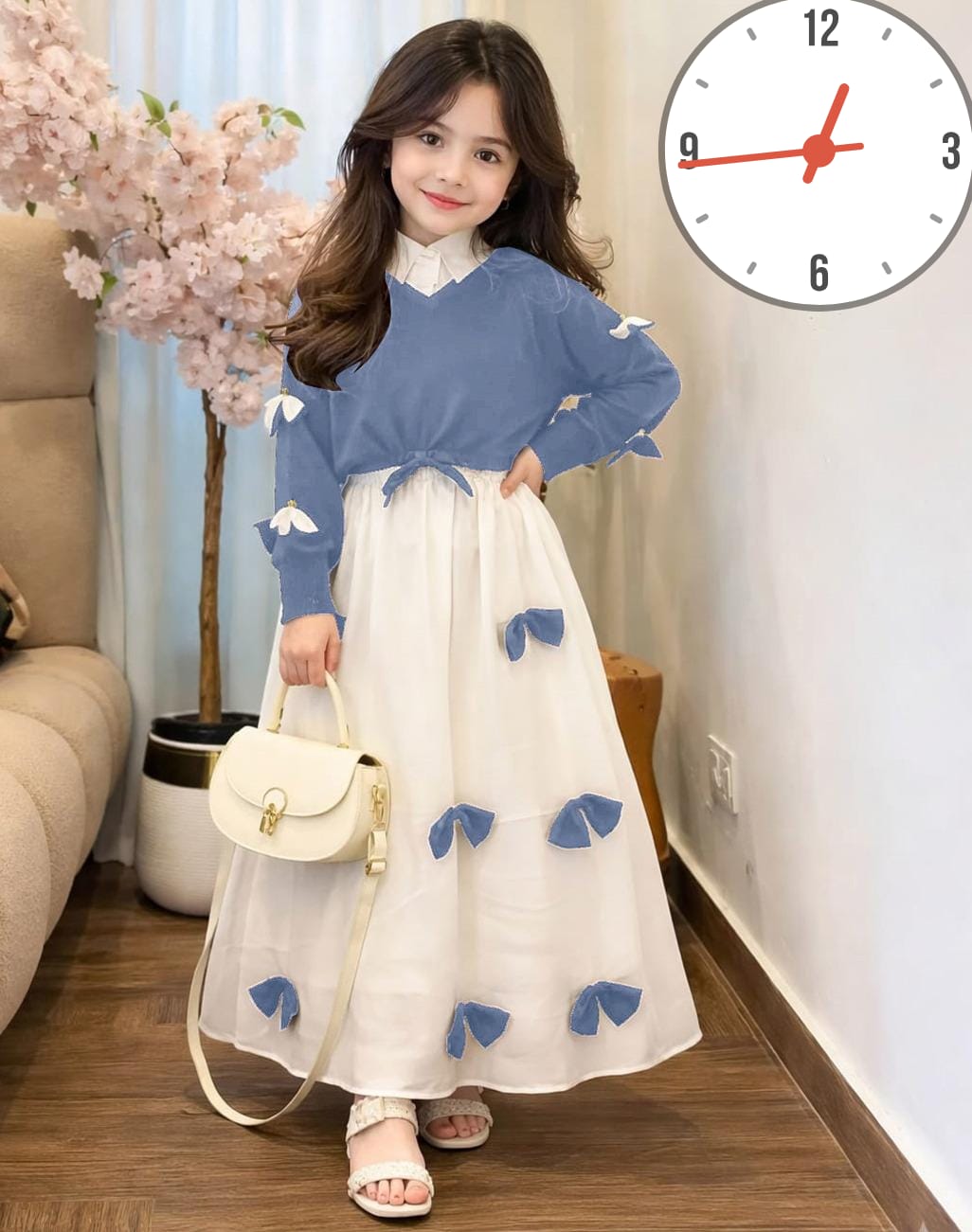 Premium Georgette Elegant V Neck Bow Stitch On Sleeves Top With Contrast Bow Stitch On Maxi Kids Wastern 2Pcs