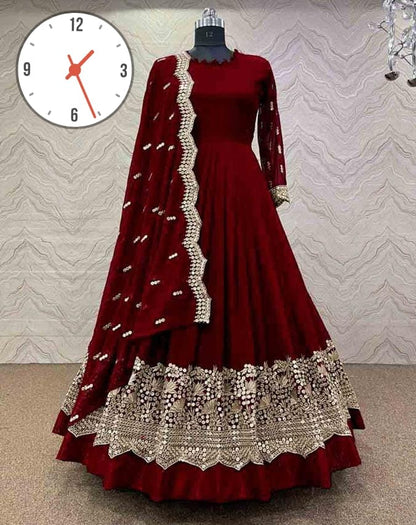 Neck BellBottom Border Flower Embroidery Maxi With Emb Dupatta 3Pcs