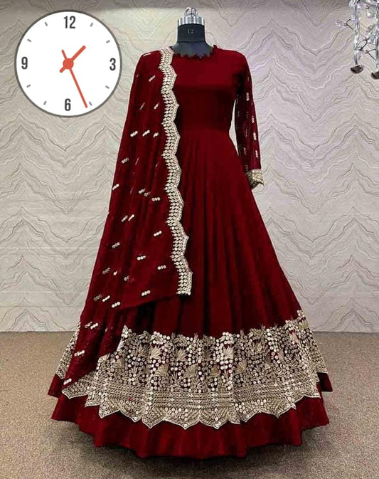 Neck BellBottom Border Flower Embroidery Maxi With Emb Dupatta 3Pcs