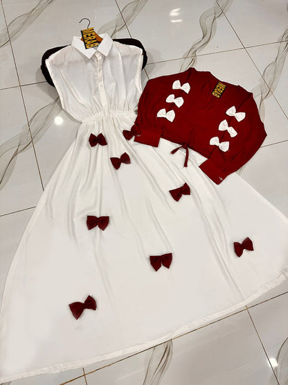 Premium Georgette Gelegant V Neck Bow Stitched On Sleeves Top With Contrast Bow Stitch On Maxi Long Flare 2Pcs
