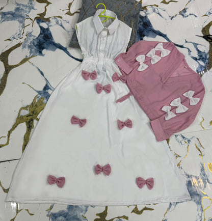 Premium Georgette Elegant V Neck Bow Stitch On Sleeves Top With Contrast Bow Stitch On Maxi Kids Wastern 2Pcs