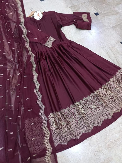 Neck BellBottom Border Flower Embroidery Maxi With Emb Dupatta 3Pcs