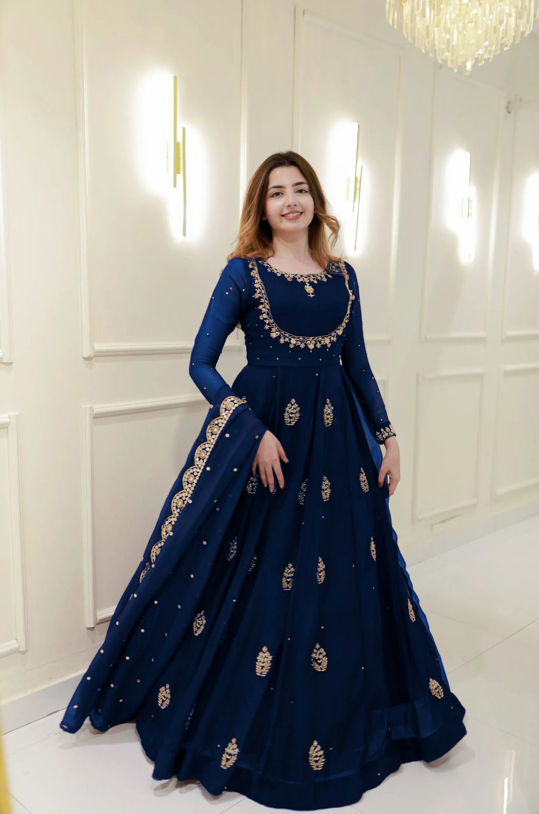 Front Neck, All'over Zarri Embroidered *Stone Nugs Hand Work* Maxi With Trouser And Emb Dupatta 3Pcs