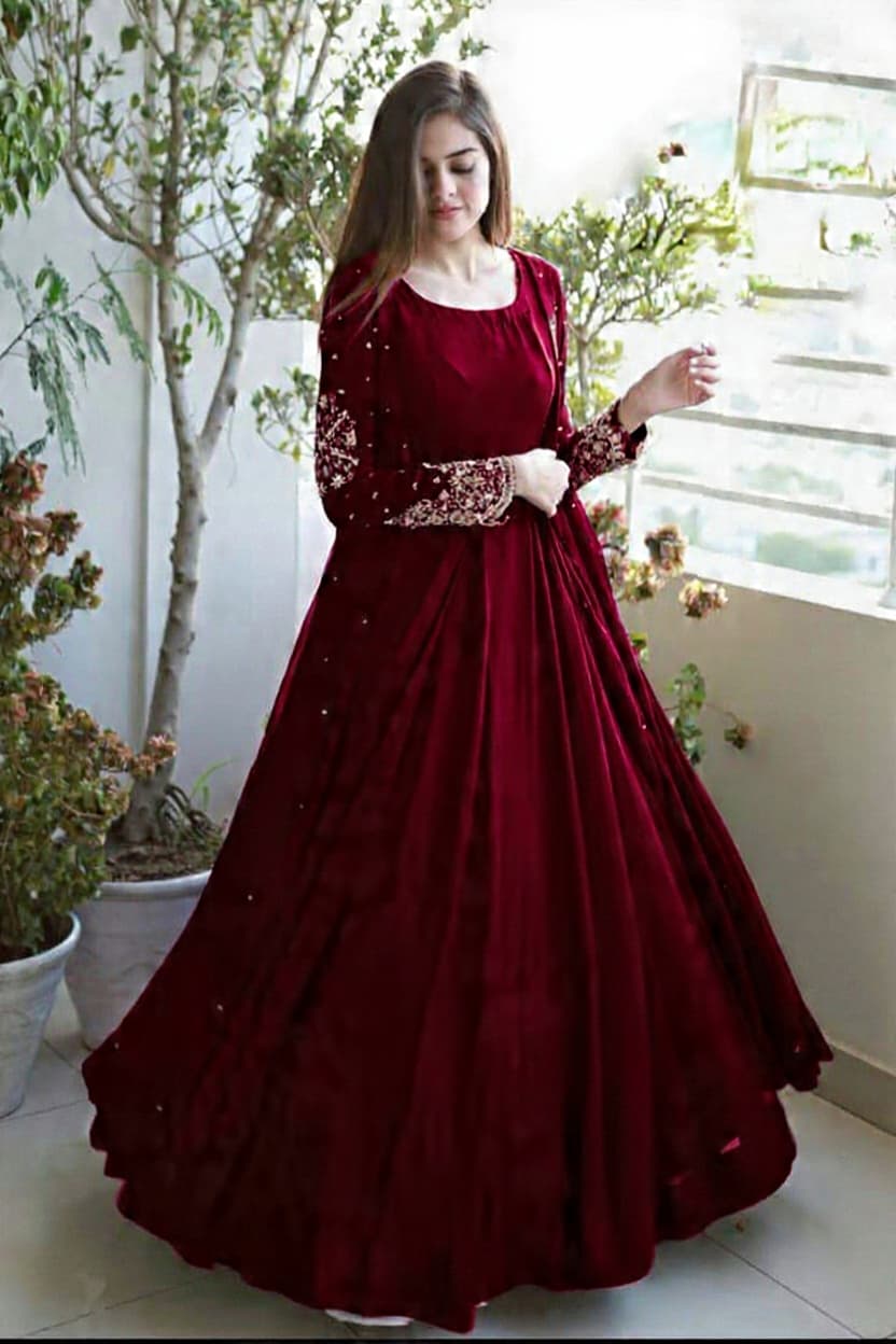 Heavy Embroidered With Front And Back Pearls Attached Gown With Long Maxi Trouser 3Piece