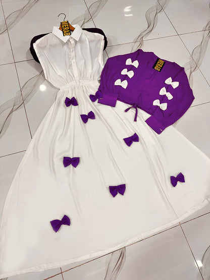 Premium Georgette Gelegant V Neck Bow Stitched On Sleeves Top With Contrast Bow Stitch On Maxi Long Flare 2Pcs