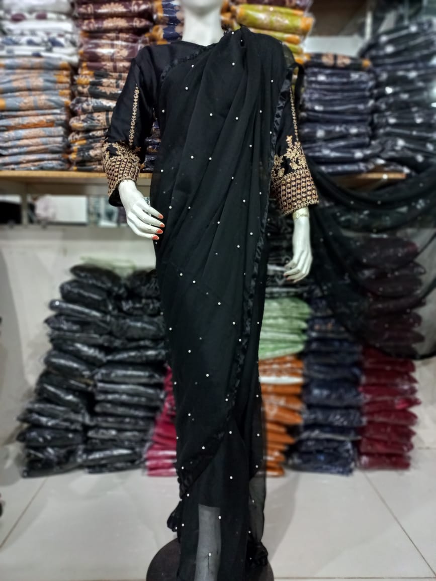 Multi Sequence Embroidery Blouse with Petticoat and Pearls Attached Saree