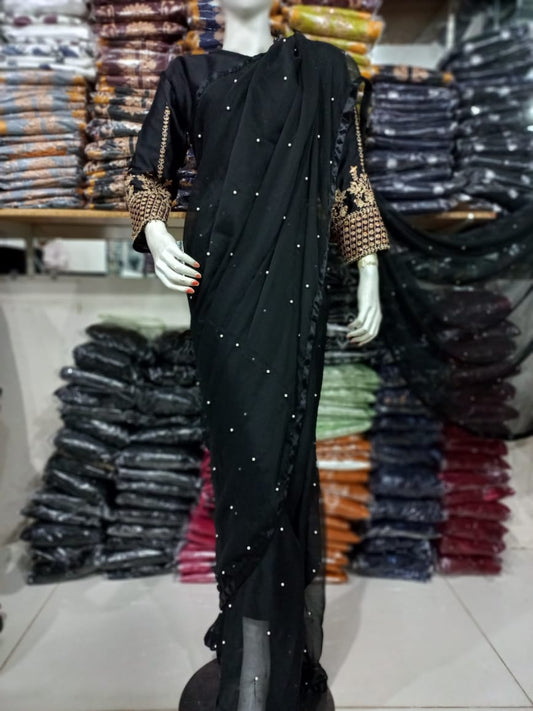 Multi Sequence Embroidery Blouse with Petticoat and Pearls Attached Saree