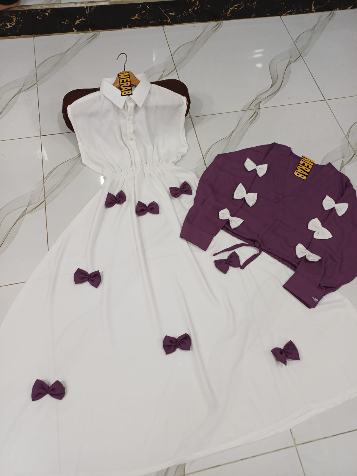 Premium Georgette Gelegant V Neck Bow Stitched On Sleeves Top With Contrast Bow Stitch On Maxi Long Flare 2Pcs