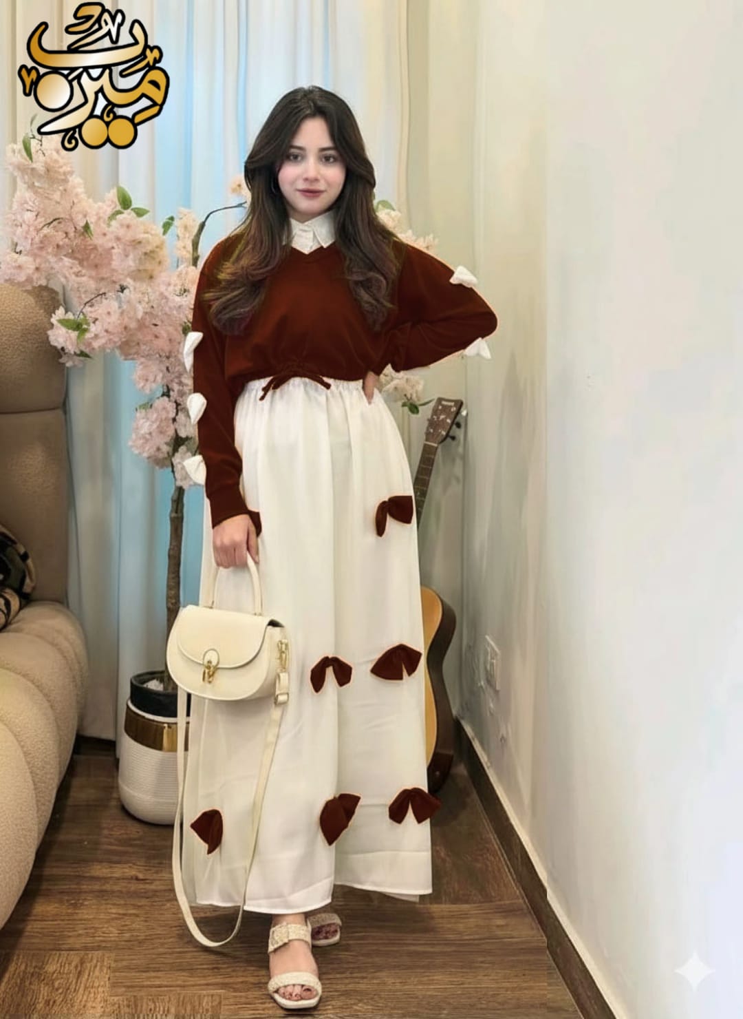 Premium Georgette Gelegant V Neck Bow Stitched On Sleeves Top With Contrast Bow Stitch On Maxi Long Flare 2Pcs