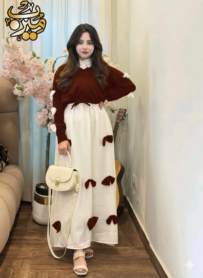 Premium Georgette Gelegant V Neck Bow Stitched On Sleeves Top With Contrast Bow Stitch On Maxi Long Flare 2Pcs