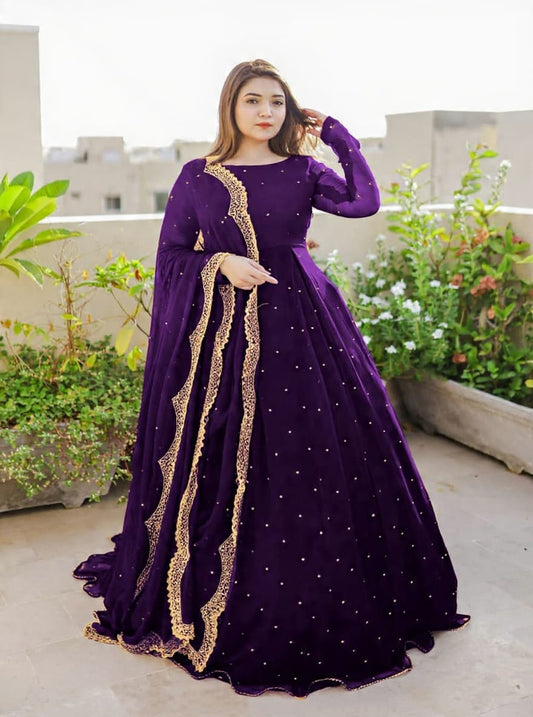 Front And Back Pearls And Lace Work Long Flare Maxi With Embroidered And Pearls Work dupatta 3pcs