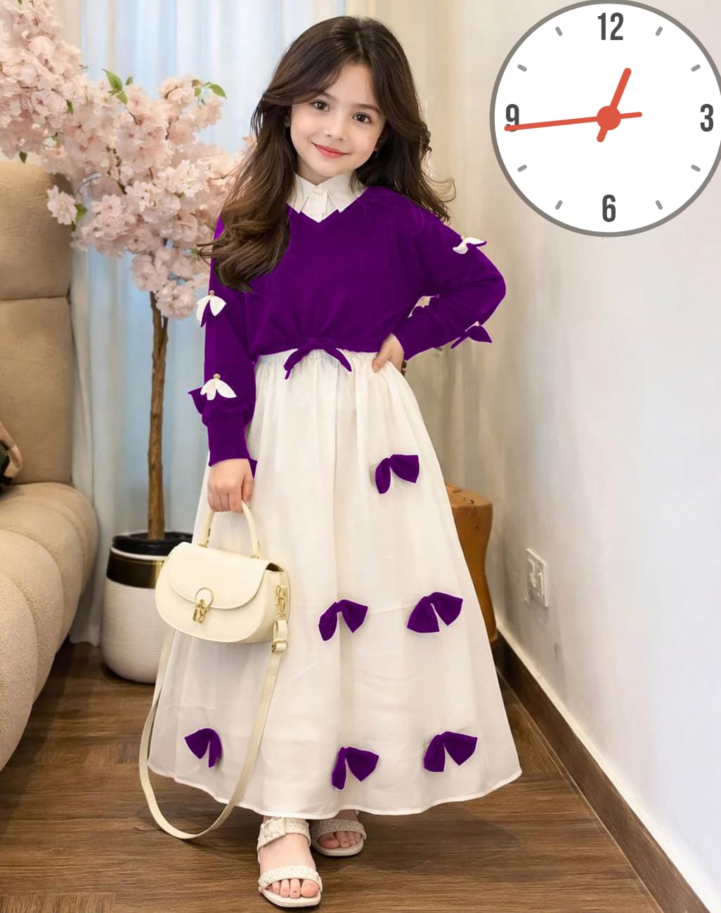 Premium Georgette Elegant V Neck Bow Stitch On Sleeves Top With Contrast Bow Stitch On Maxi Kids Wastern 2Pcs