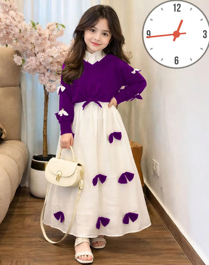 Premium Georgette Elegant V Neck Bow Stitch On Sleeves Top With Contrast Bow Stitch On Maxi Kids Wastern 2Pcs