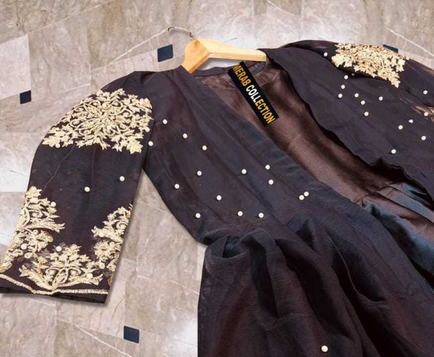 Heavy Embroidered With Front And Back Pearls Attached Gown With Long Maxi Trouser 3Piece