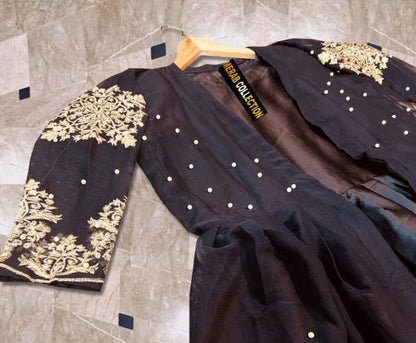 Heavy Embroidered With Front And Back Pearls Attached Gown With Long Maxi Trouser 3Piece