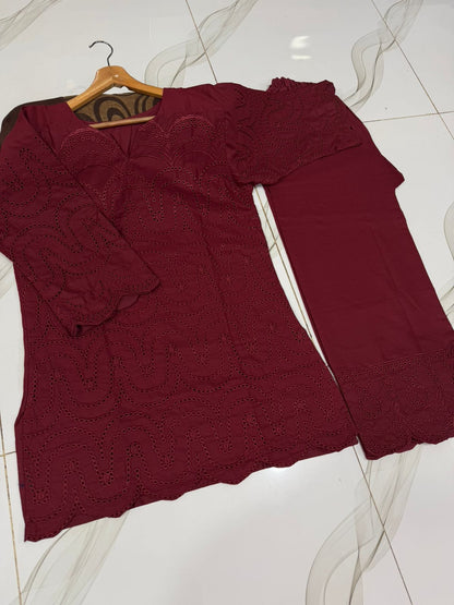 Sleeves,Border Kayawork With Front All'over Chikinkari Embroidery Shirt And Border Chikinkari Emb Flapper 2Pcs