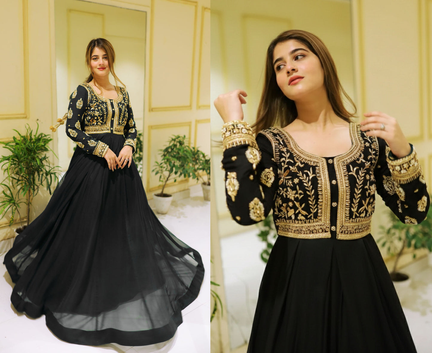 Front Sequence Neck and Sleeves Embroidered Maxi and Trouser 2PCs
