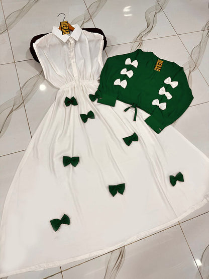 Premium Georgette Gelegant V Neck Bow Stitched On Sleeves Top With Contrast Bow Stitch On Maxi Long Flare 2Pcs
