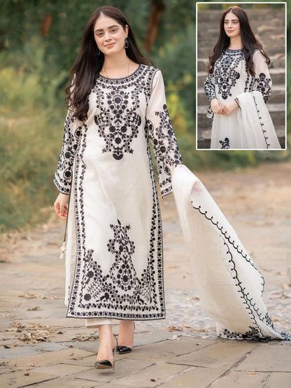 Front Heavy Embroidery Shirt With Frill Style Embroidered Dupatta 3PCs