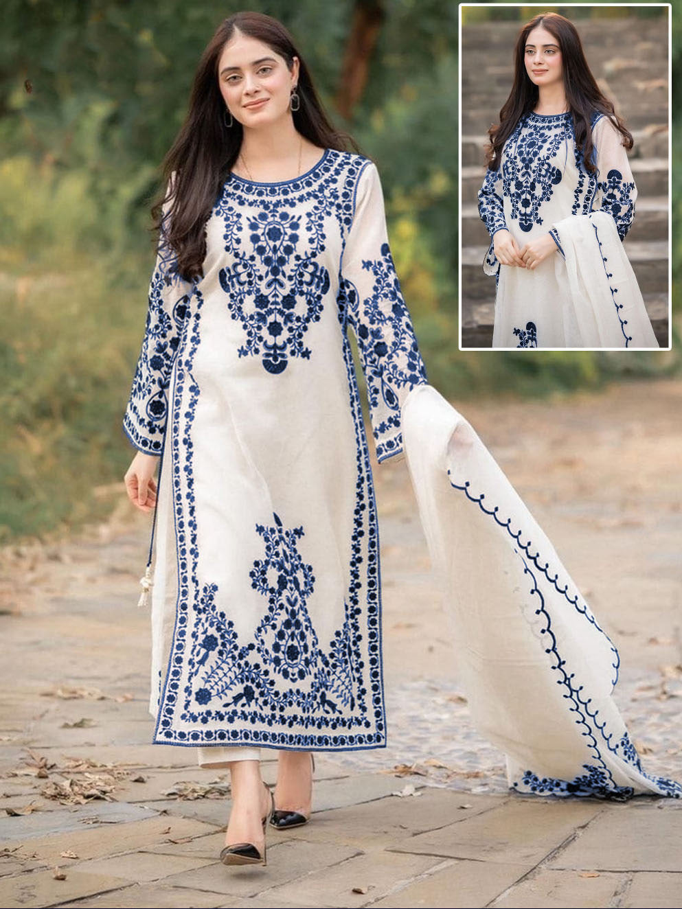 Front Heavy Embroidery Shirt With Frill Style Embroidered Dupatta 3PCs