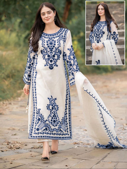Front Heavy Embroidery Shirt With Frill Style Embroidered Dupatta 3PCs