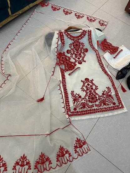Front Heavy Embroidery Shirt With Frill Style Embroidered Dupatta 3PCs