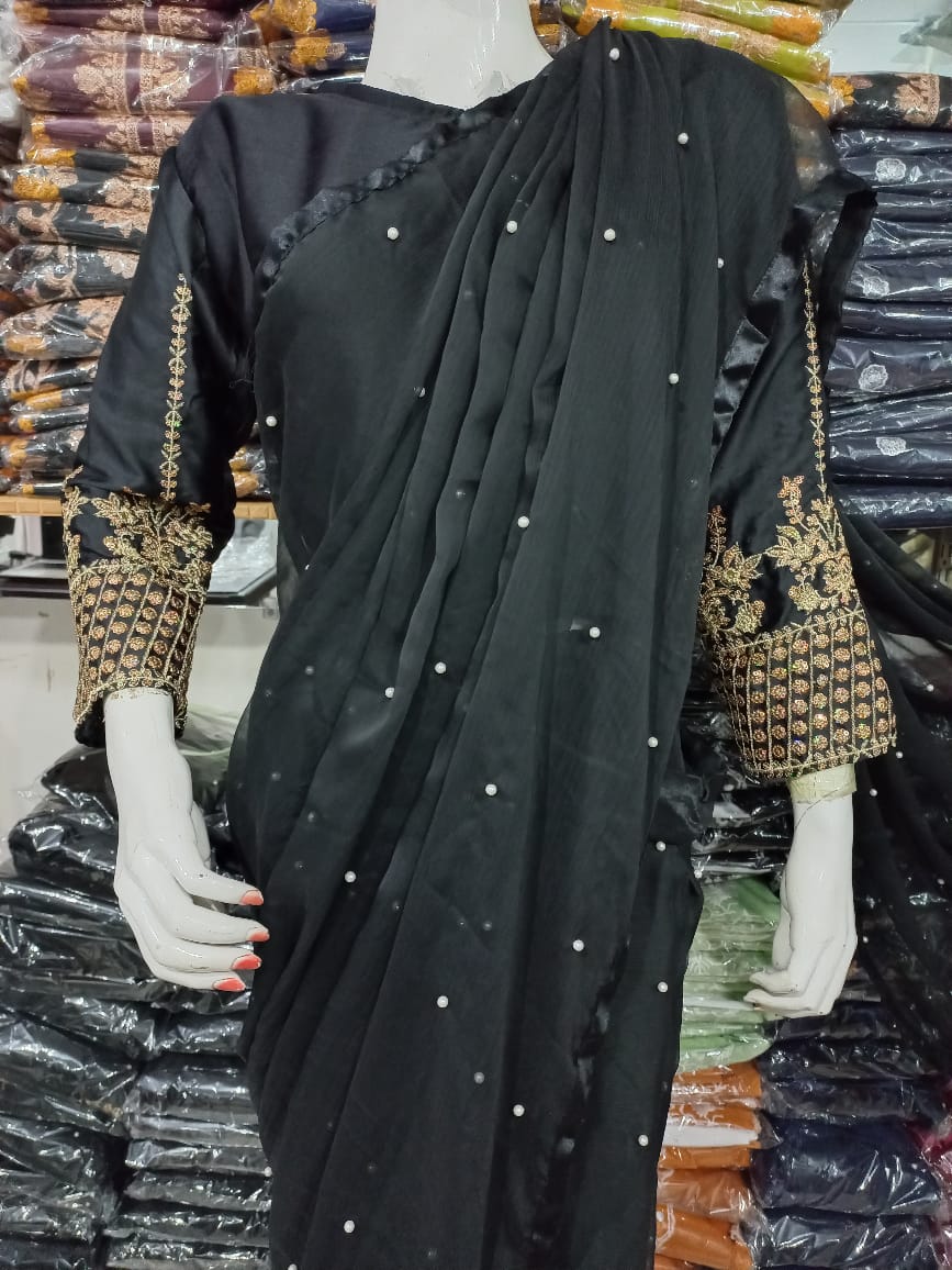 Multi Sequence Embroidery Blouse with Petticoat and Pearls Attached Saree