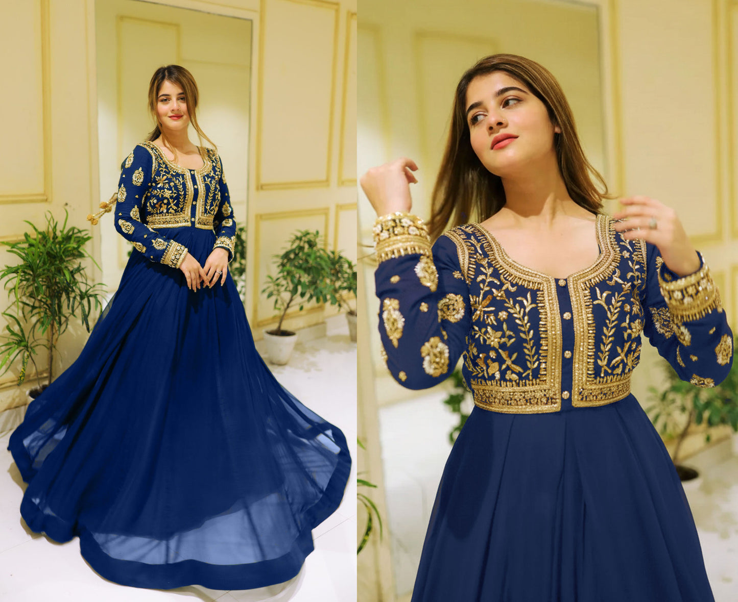 Front Sequence Neck and Sleeves Embroidered Maxi and Trouser 2PCs