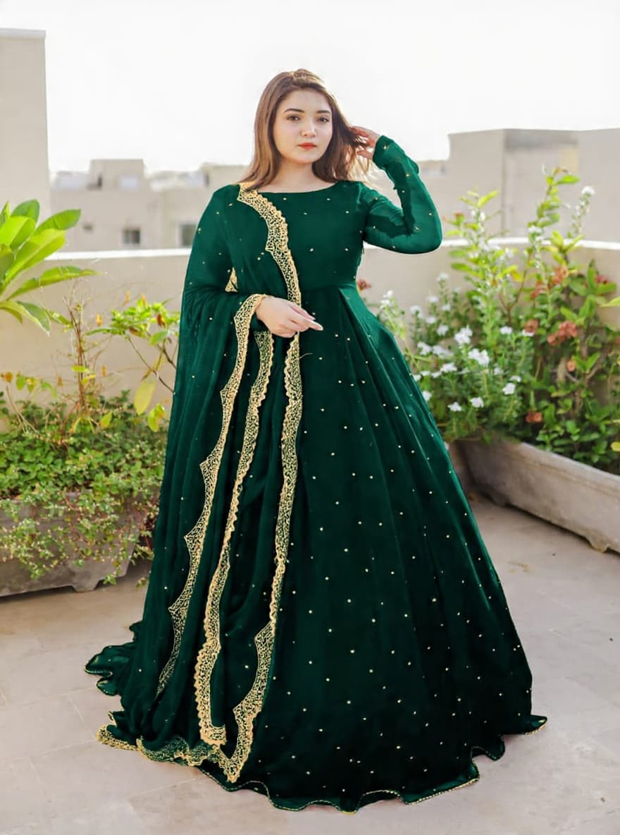 Front And Back Pearls And Lace Work Long Flare Maxi With Embroidered And Pearls Work dupatta 3pcs