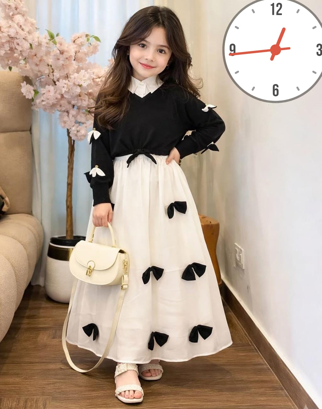 Premium Georgette Elegant V Neck Bow Stitch On Sleeves Top With Contrast Bow Stitch On Maxi Kids Wastern 2Pcs