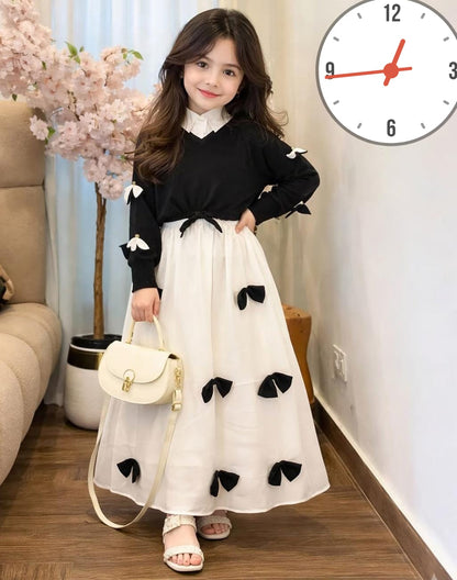 Premium Georgette Elegant V Neck Bow Stitch On Sleeves Top With Contrast Bow Stitch On Maxi Kids Wastern 2Pcs