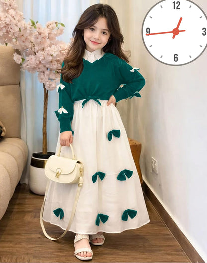 Premium Georgette Elegant V Neck Bow Stitch On Sleeves Top With Contrast Bow Stitch On Maxi Kids Wastern 2Pcs