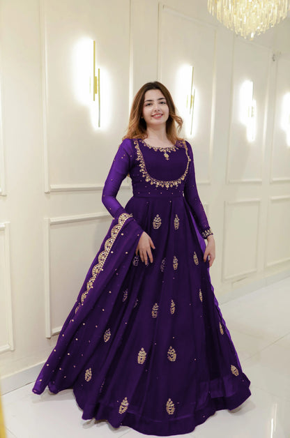 Front Neck, All'over Zarri Embroidered *Stone Nugs Hand Work* Maxi With Trouser And Emb Dupatta 3Pcs