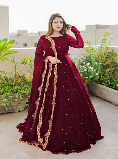 Front And Back Pearls And Lace Work Long Flare Maxi With Embroidered And Pearls Work dupatta 3pcs