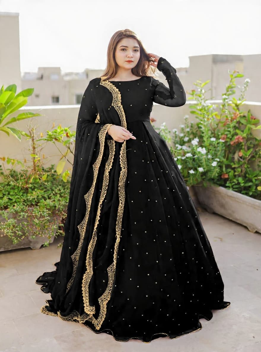 Front And Back Pearls And Lace Work Long Flare Maxi With Embroidered And Pearls Work dupatta 3pcs