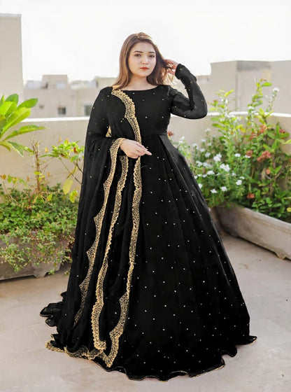 Front And Back Pearls And Lace Work Long Flare Maxi With Embroidered And Pearls Work dupatta 3pcs