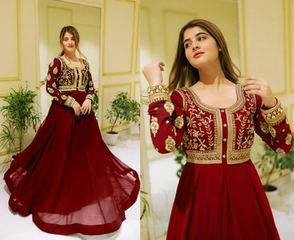 Front Sequence Neck and Sleeves Embroidered Maxi and Trouser 2PCs