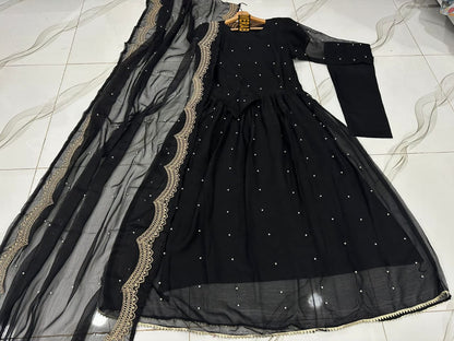 Front And Back Pearls And Lace Work Long Flare Maxi With Embroidered And Pearls Work dupatta 3pcs