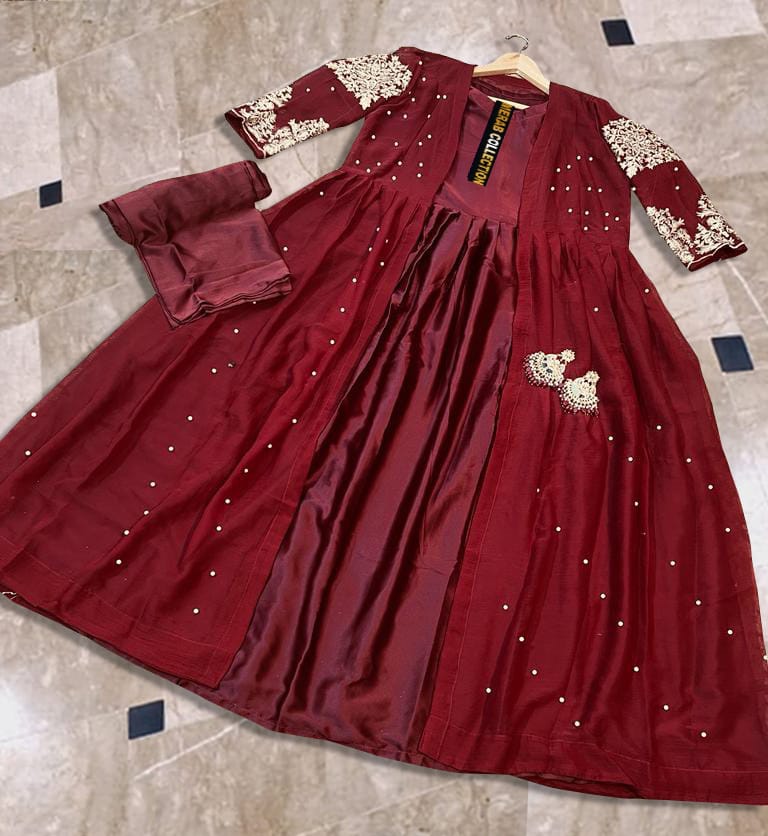 Heavy Embroidered With Front And Back Pearls Attached Gown With Long Maxi Trouser 3Piece