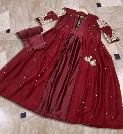 Heavy Embroidered With Front And Back Pearls Attached Gown With Long Maxi Trouser 3Piece