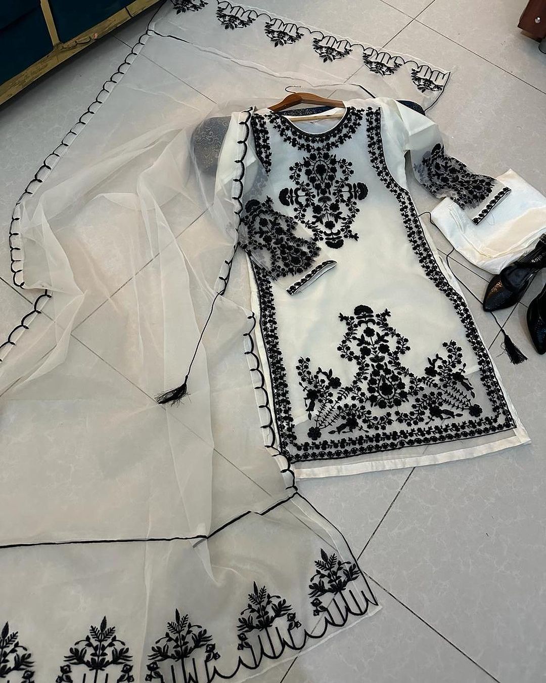 Front Heavy Embroidery Shirt With Frill Style Embroidered Dupatta 3PCs