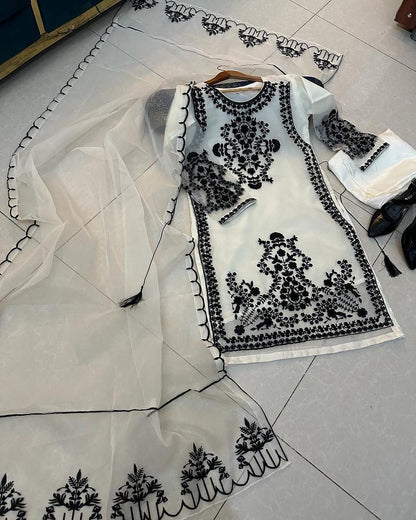 Front Heavy Embroidery Shirt With Frill Style Embroidered Dupatta 3PCs