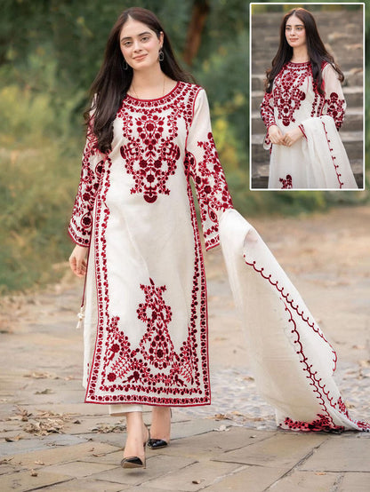 Front Heavy Embroidery Shirt With Frill Style Embroidered Dupatta 3PCs