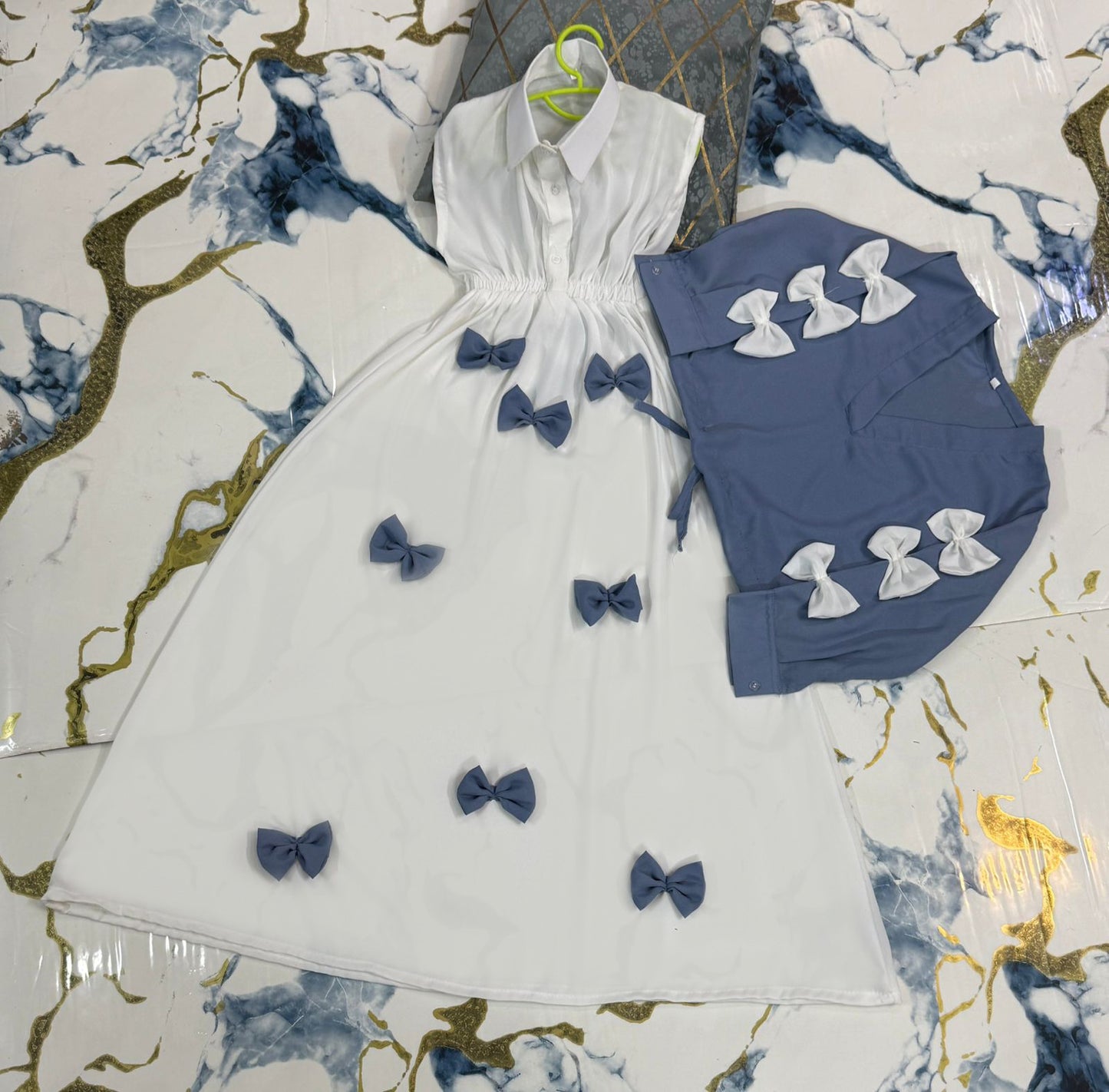 Premium Georgette Elegant V Neck Bow Stitch On Sleeves Top With Contrast Bow Stitch On Maxi Kids Wastern 2Pcs