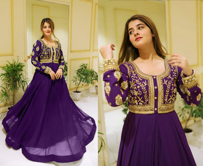 Front Sequence Neck and Sleeves Embroidered Maxi and Trouser 2PCs