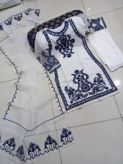 Front Heavy Embroidery Shirt With Frill Style Embroidered Dupatta 3PCs