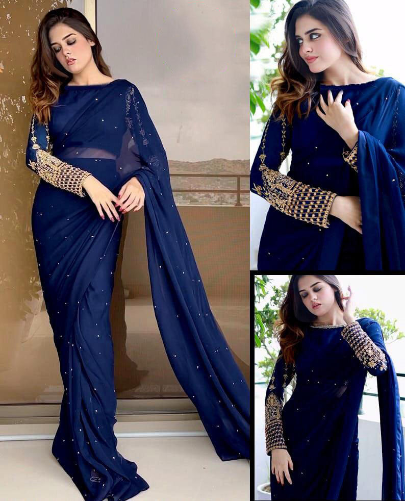 Multi Sequence Embroidery Blouse with Petticoat and Pearls Attached Saree