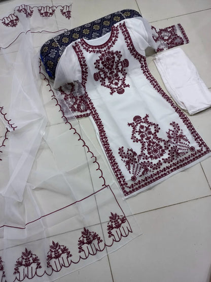 Front Heavy Embroidery Shirt With Frill Style Embroidered Dupatta 3PCs